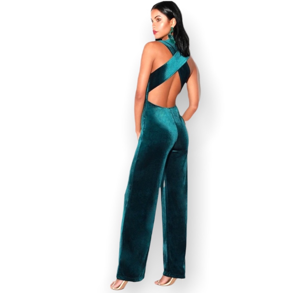 Lulu's Teal Velvet Cross-Back Jumpsuit